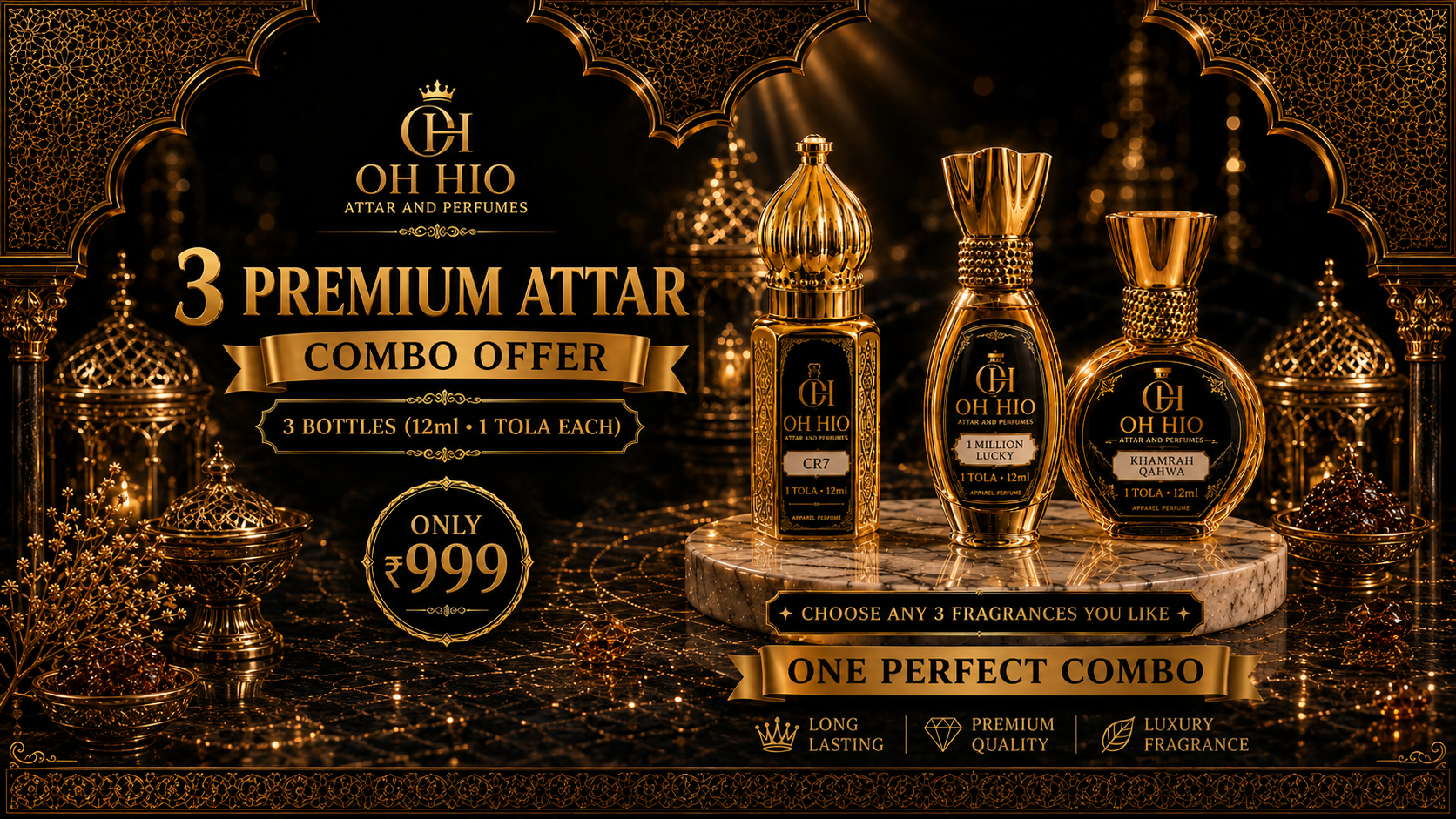 3 Premium Attar Combo Offer - 3 bottles 12ml each only ₹999 from Oh Hio Perfumes